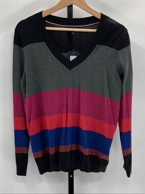 Tommy Hilfiger Multicolor Striped V‑Neck Sweater — Black, Gray, Pink, Red & Blue